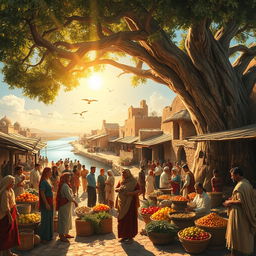 An artistic representation of ancient life, showcasing a bustling market scene in a historical village