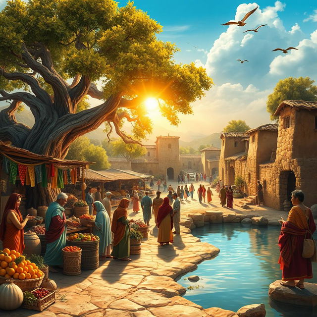 An artistic representation of ancient life, showcasing a bustling market scene in a historical village