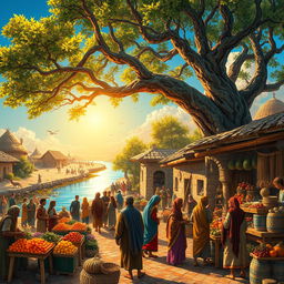 An artistic representation of ancient life, showcasing a bustling market scene in a historical village