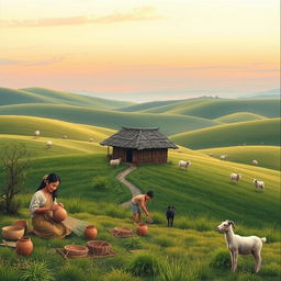An artistic interpretation of life in ancient times, depicting a tranquil rural scene