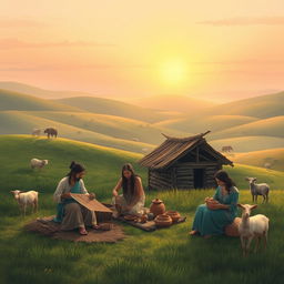 An artistic interpretation of life in ancient times, depicting a tranquil rural scene