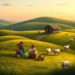 An artistic interpretation of life in ancient times, depicting a tranquil rural scene
