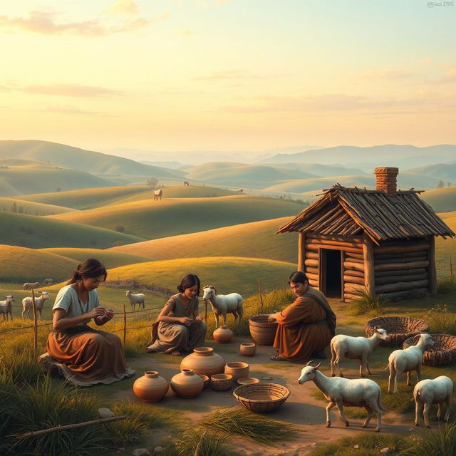 An artistic interpretation of life in ancient times, depicting a tranquil rural scene