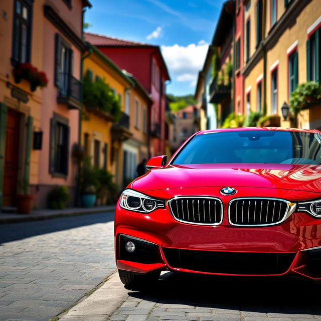 A striking red BMW car parked on a picturesque street