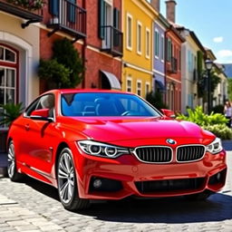 A striking red BMW car parked on a picturesque street