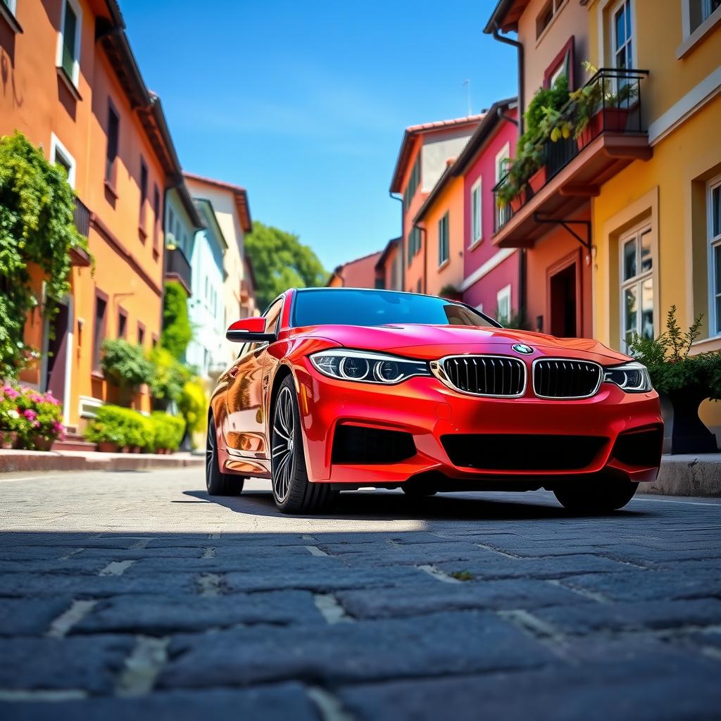 A striking red BMW car parked on a picturesque street