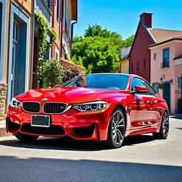 A striking red BMW car parked on a picturesque street