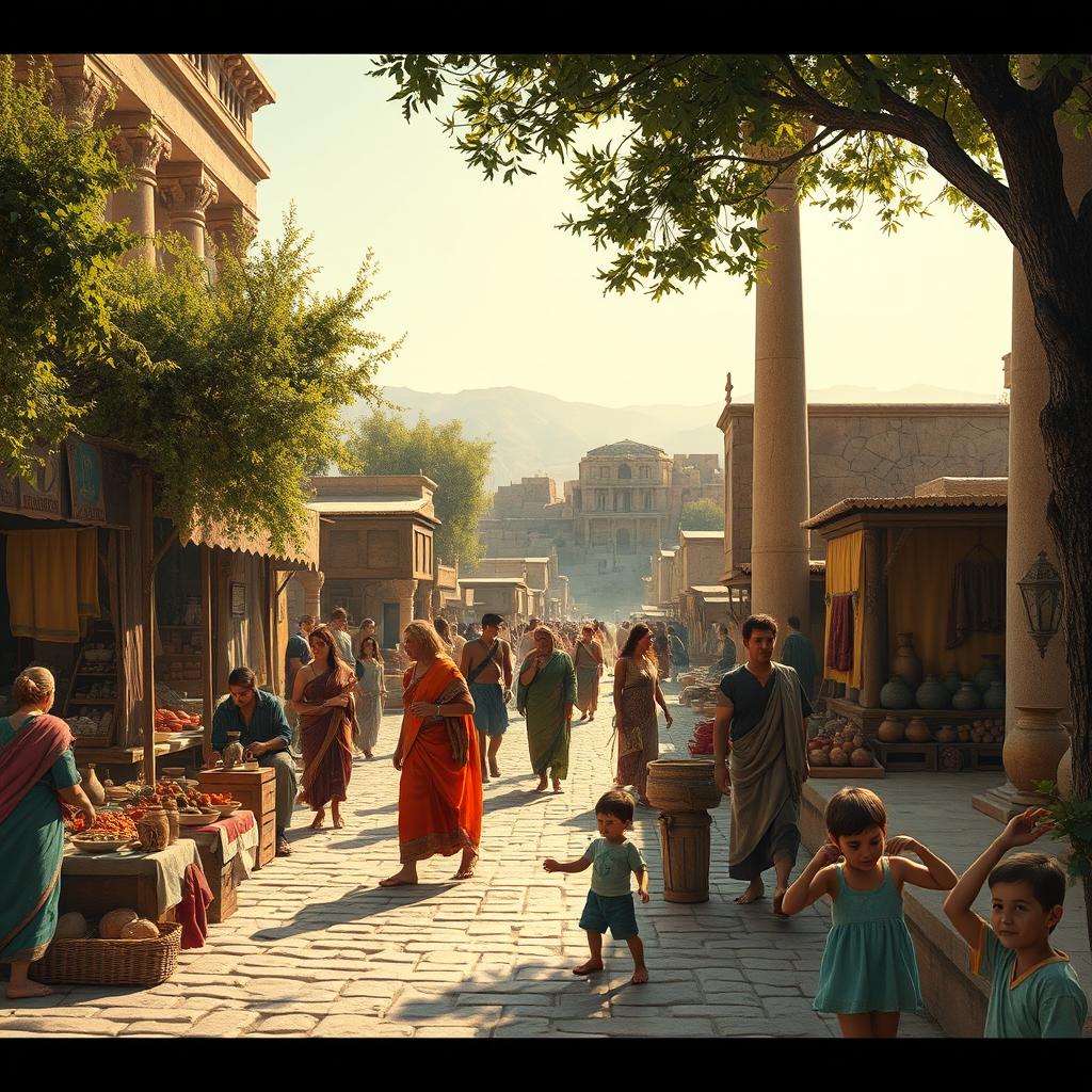 A historical scene depicting life in ancient times, showcasing a vibrant marketplace in an ancient city