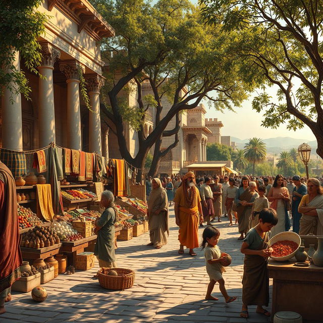 A historical scene depicting life in ancient times, showcasing a vibrant marketplace in an ancient city