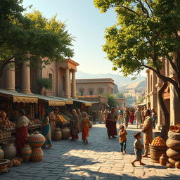 A historical scene depicting life in ancient times, showcasing a vibrant marketplace in an ancient city