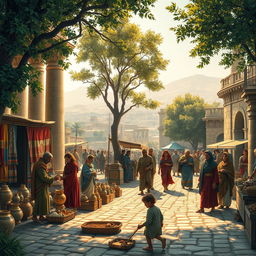 A historical scene depicting life in ancient times, showcasing a vibrant marketplace in an ancient city