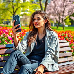 A stylish young adult sitting casually on a bench in a vibrant city park, their left hand holding a smartphone at eye level, while their right hand is relaxed and positioned down at their side