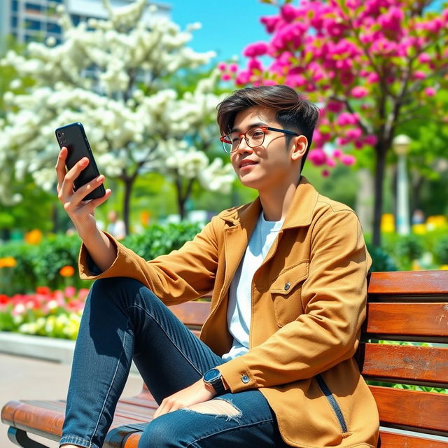 A stylish young adult sitting casually on a bench in a vibrant city park, their left hand holding a smartphone at eye level, while their right hand is relaxed and positioned down at their side