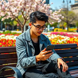 A stylish young adult sitting casually on a bench in a vibrant city park, their left hand holding a smartphone at eye level, while their right hand is relaxed and positioned down at their side
