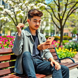 A stylish young adult sitting casually on a bench in a vibrant city park, their left hand holding a smartphone at eye level, while their right hand is relaxed and positioned down at their side