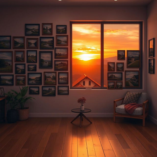 A cozy village-themed living room, featuring a wall covered with various photo frames showcasing picturesque village scenes