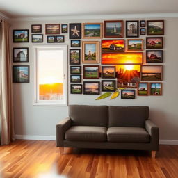 A cozy village-themed living room, featuring a wall covered with various photo frames showcasing picturesque village scenes