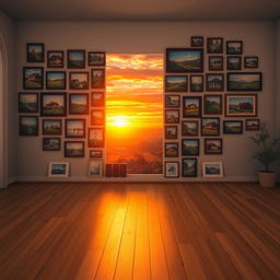 A cozy village-themed living room, featuring a wall covered with various photo frames showcasing picturesque village scenes