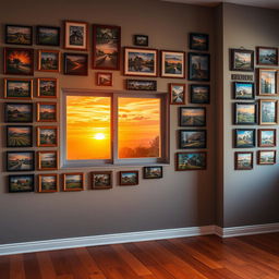 A cozy village-themed living room, featuring a wall covered with various photo frames showcasing picturesque village scenes