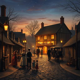 An idyllic scene depicting life in the late 19th century before Edison's invention of the electric light bulb