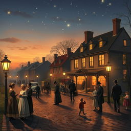 An idyllic scene depicting life in the late 19th century before Edison's invention of the electric light bulb