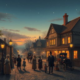 An idyllic scene depicting life in the late 19th century before Edison's invention of the electric light bulb