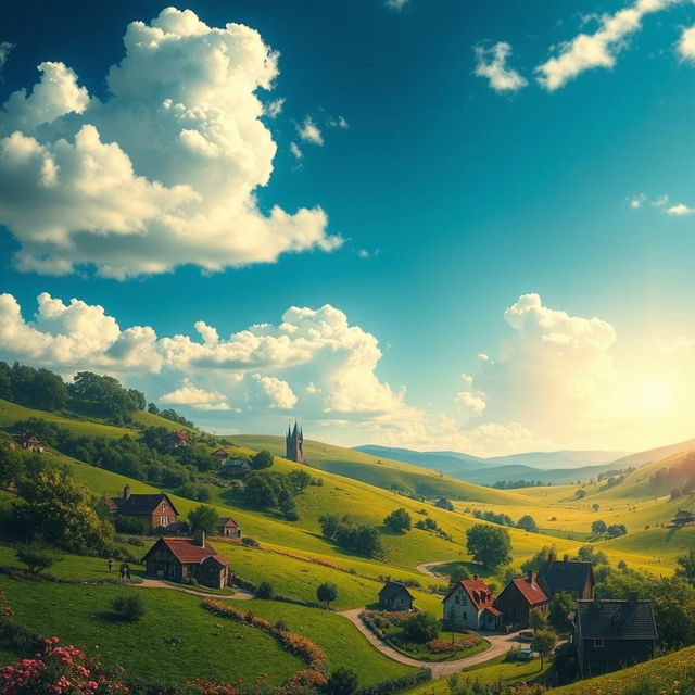 A surreal landscape depicting a serene pre-apocalyptic scene before a gas leak, showcasing vibrant, lush green hills under a bright blue sky with fluffy white clouds