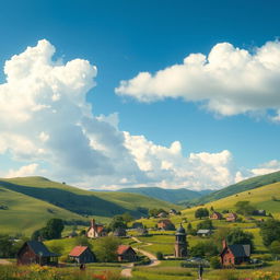 A surreal landscape depicting a serene pre-apocalyptic scene before a gas leak, showcasing vibrant, lush green hills under a bright blue sky with fluffy white clouds