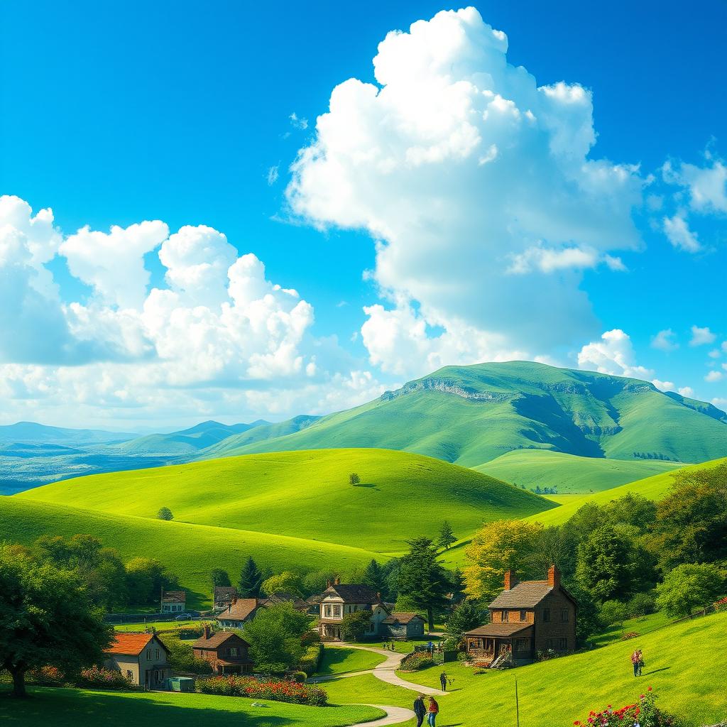 A surreal landscape depicting a serene pre-apocalyptic scene before a gas leak, showcasing vibrant, lush green hills under a bright blue sky with fluffy white clouds