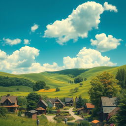 A surreal landscape depicting a serene pre-apocalyptic scene before a gas leak, showcasing vibrant, lush green hills under a bright blue sky with fluffy white clouds