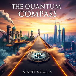 A captivating book cover for the novel titled 'The Quantum Compass' by Naufi Moulana