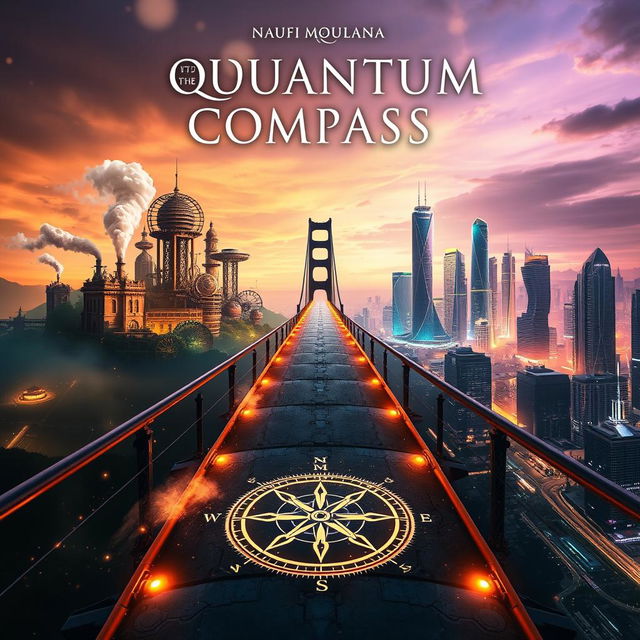 A captivating book cover for the novel titled 'The Quantum Compass' by Naufi Moulana