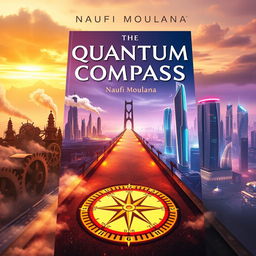 A captivating book cover for the novel titled 'The Quantum Compass' by Naufi Moulana