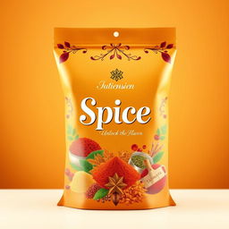 A vibrant and eye-catching bag cover design for a spice brand, featuring an array of colorful spices such as turmeric, chili powder, cumin, and paprika