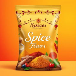 A vibrant and eye-catching bag cover design for a spice brand, featuring an array of colorful spices such as turmeric, chili powder, cumin, and paprika