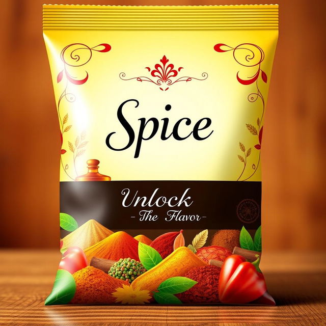 A vibrant and eye-catching bag cover design for a spice brand, featuring an array of colorful spices such as turmeric, chili powder, cumin, and paprika