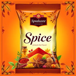 A vibrant and eye-catching bag cover design for a spice brand, featuring an array of colorful spices such as turmeric, chili powder, cumin, and paprika
