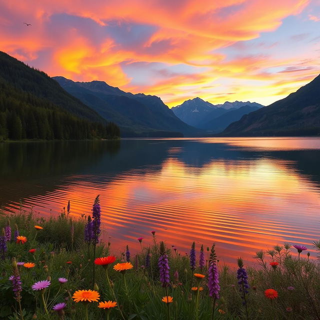 A serene landscape featuring a beautiful sunset over a tranquil lake, surrounded by lush green forests and majestic mountains in the background