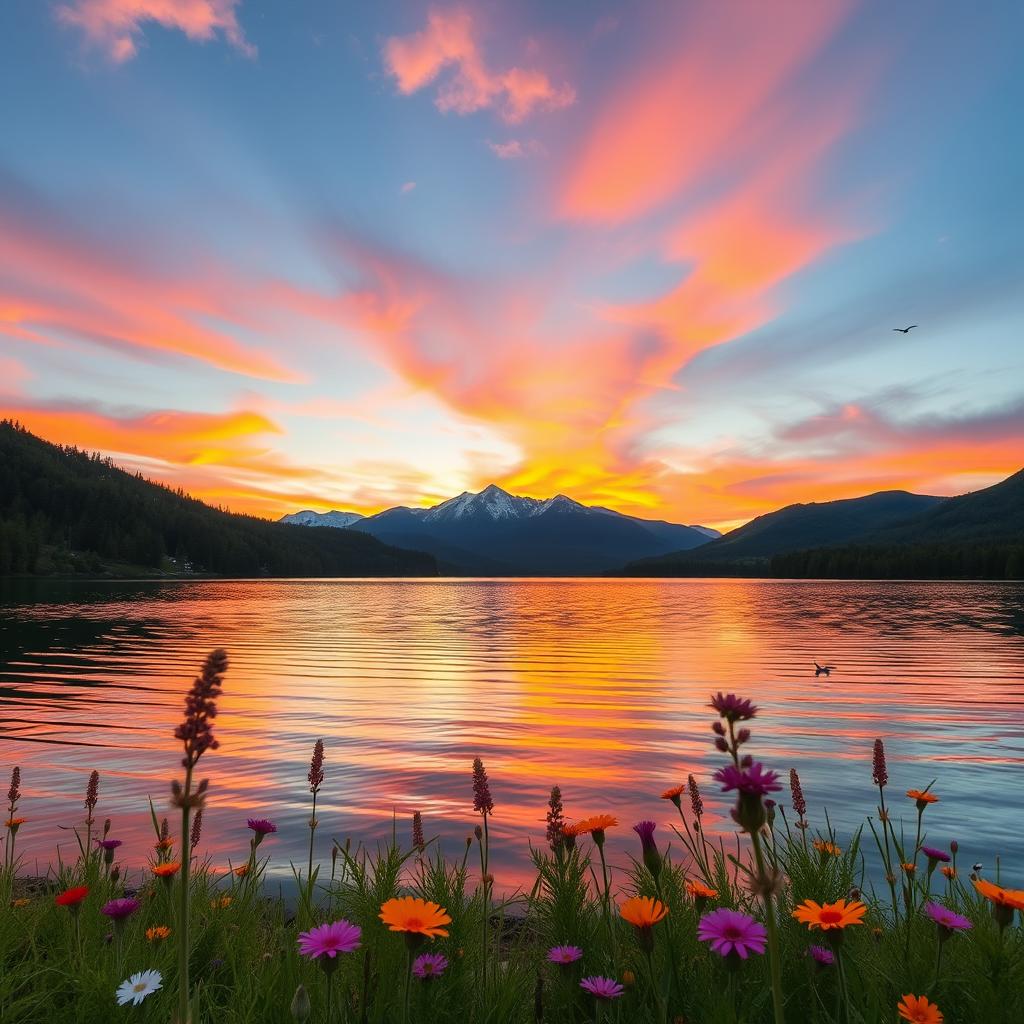 A serene landscape featuring a beautiful sunset over a tranquil lake, surrounded by lush green forests and majestic mountains in the background