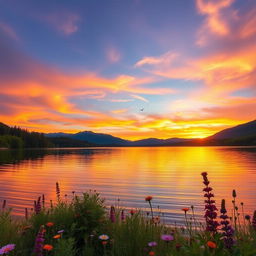 A serene landscape featuring a beautiful sunset over a tranquil lake, surrounded by lush green forests and majestic mountains in the background
