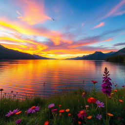 A serene landscape featuring a beautiful sunset over a tranquil lake, surrounded by lush green forests and majestic mountains in the background