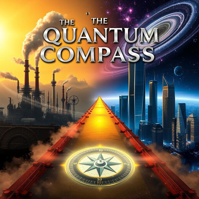 A captivating full-size science fiction book cover for the novel 'The Quantum Compass' by Naufi Moulana