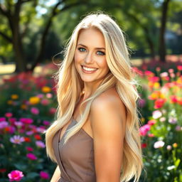 A stunningly beautiful blonde woman with long, flowing hair, sparkling blue eyes, and a radiant smile