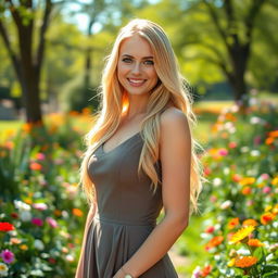 A stunningly beautiful blonde woman with long, flowing hair, sparkling blue eyes, and a radiant smile