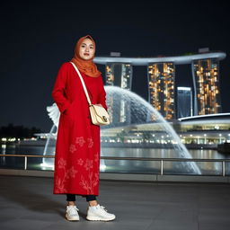 A beautiful Asian Indonesian woman with a slim body wearing a pasmina hijab, styled elegantly