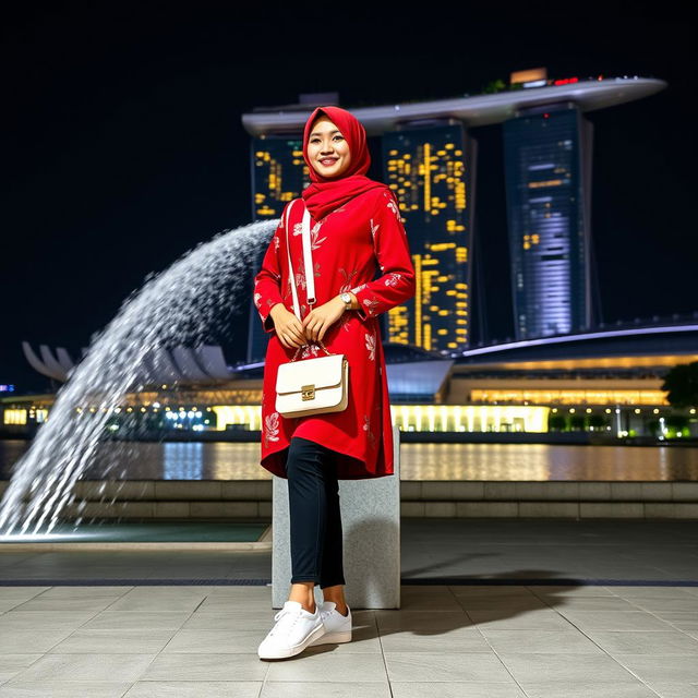 A beautiful Asian Indonesian woman with a slim body wearing a pasmina hijab, styled elegantly