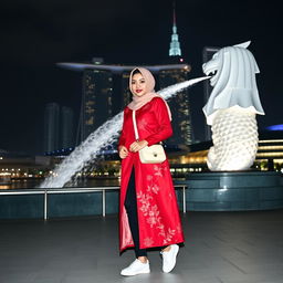 A beautiful Asian Indonesian woman with a slim body wearing a pasmina hijab, styled elegantly