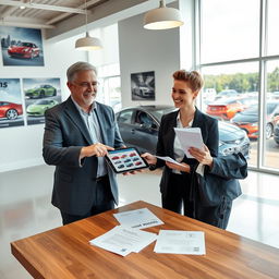 A modern and sleek automotive dealership office interior where a customer is happily interacting with a salesman to change their car registration