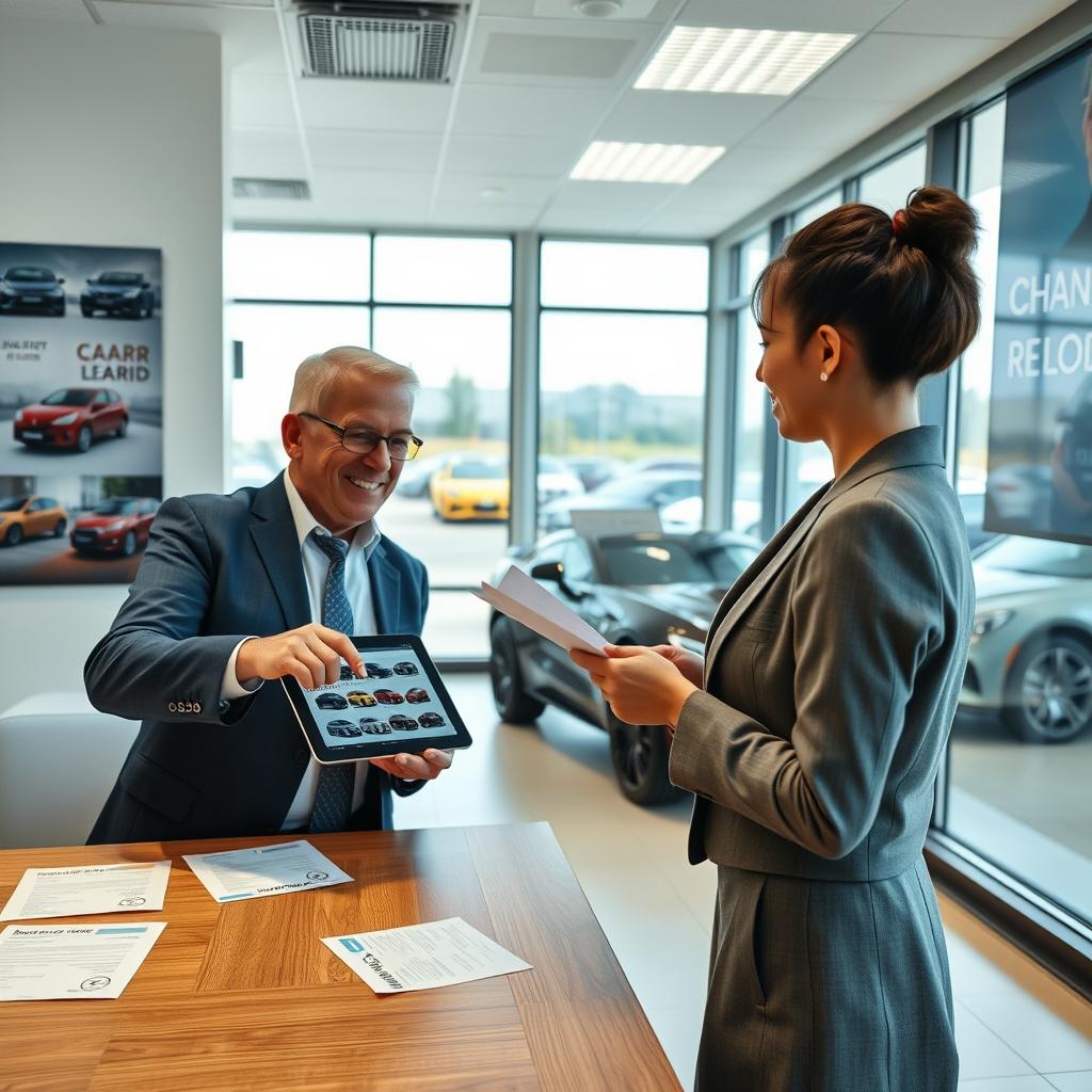 A modern and sleek automotive dealership office interior where a customer is happily interacting with a salesman to change their car registration