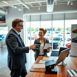 A modern and sleek automotive dealership office interior where a customer is happily interacting with a salesman to change their car registration